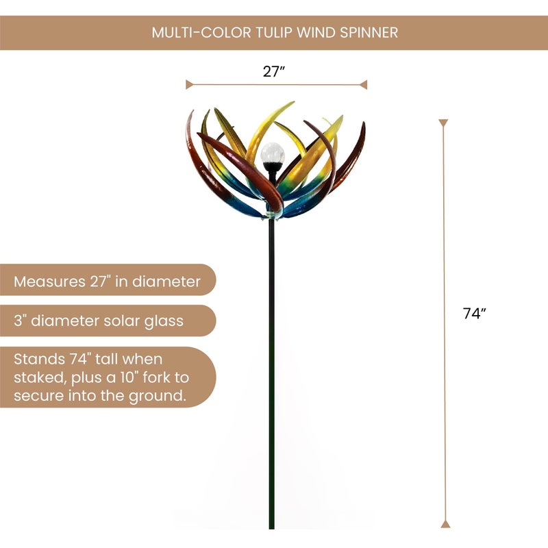 Bits and Pieces Tulip Wind Spinners Outdoor Solar Lighted Metal Wind Spinner, Large Kinetic Garden Sculptures, Crackle Glass Light, Multi-Colored Garden Decor - Image 2